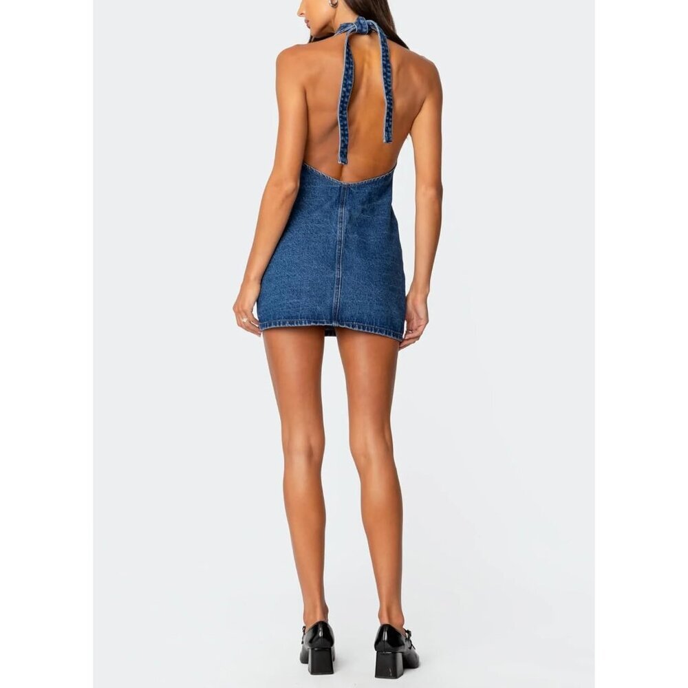 Women's Denim Dress Summer Halter Mini Dress Backless V-Neck Casual - Picture 3 of 6